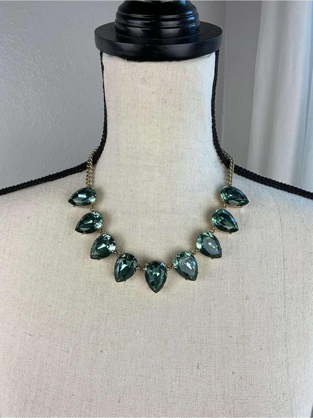 J.Crew Faceted Teardrop Statement Necklace-Antique Brass Tone & Green Crystals